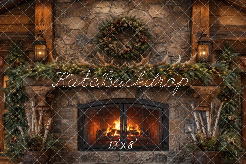 Kate Christmas Rustic Stone Fireplace Wreath Garland Antlers Lanterns Printed Backdrop Designed by Vertigo Productions