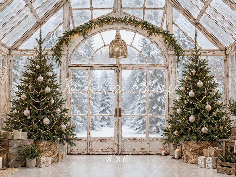Kate Christmas Vintage Greenhouse Christmas Trees Garland Snowy Printed Backdrop Designed by Emetselch
