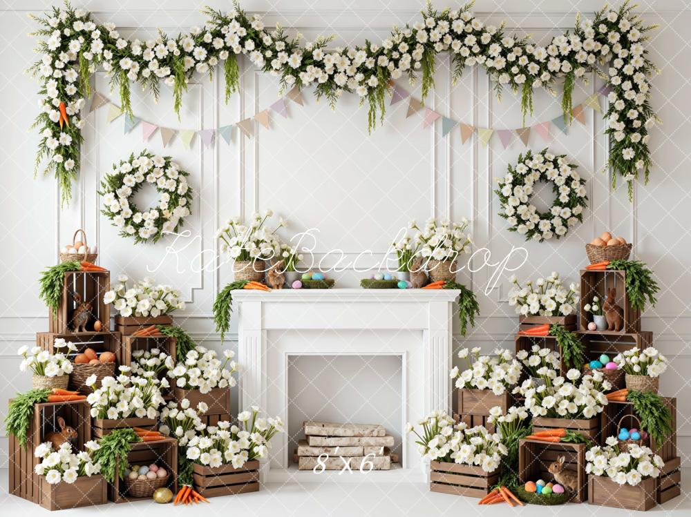 Kate Easter Bunny White Floral Fireplace Crates Printed Backdrop Designed by Mini MakeBelieve