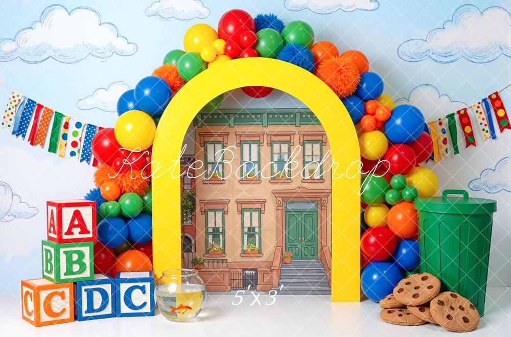 Kate Back to School Rainbow Balloon Arch ABC Blocks Printed Backdrop Designed by Mini MakeBelieve