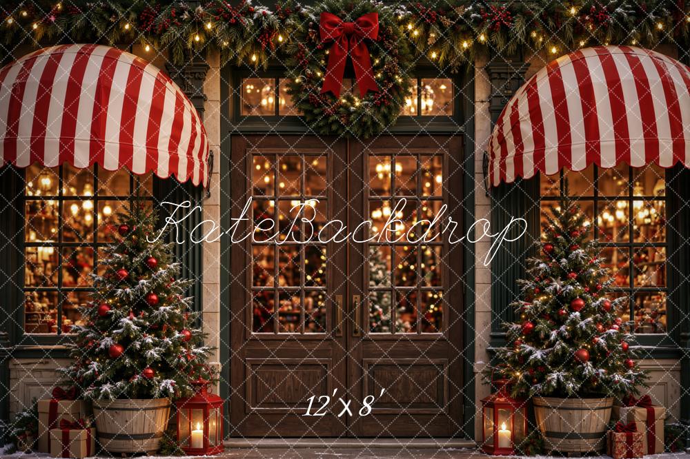 Kate Christmas Storefront Door With Striped Awnings Printed Backdrop Designed by Emetselch