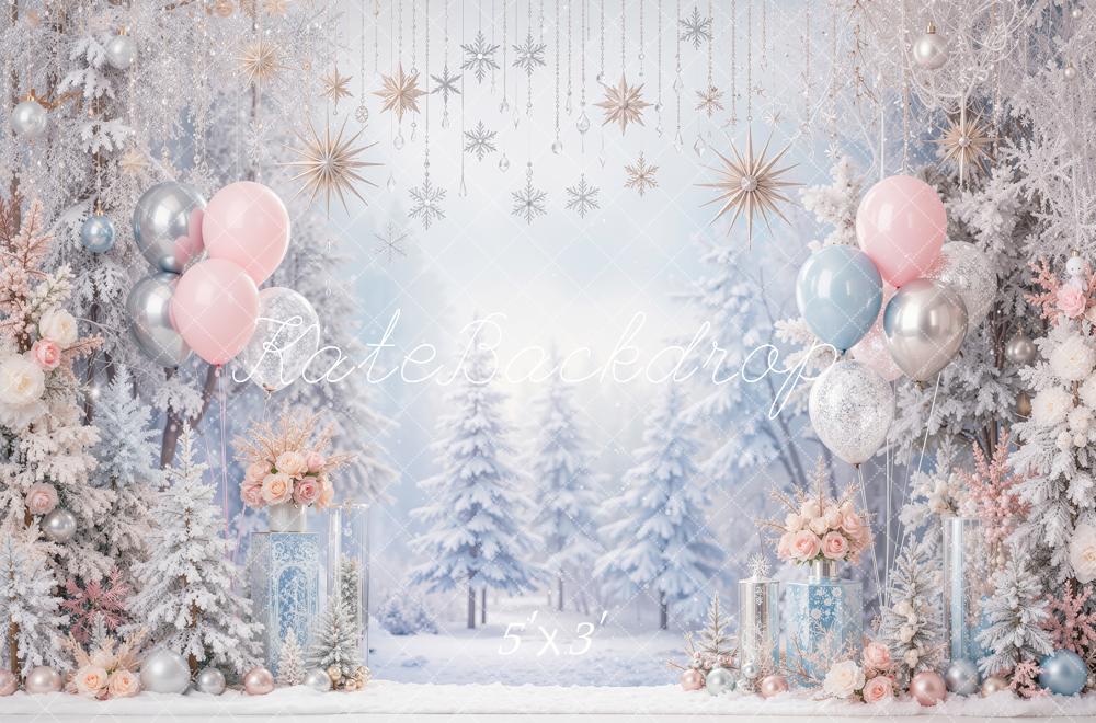 Kate Christmas Snowy Trees Balloons Ornaments Printed Backdrop Designed by Shutter Swan Studios