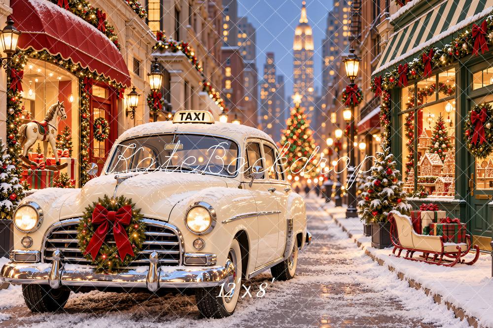 Kate Christmas Vintage Taxi Shop Snowy City Street Printed Backdrop Designed by Emetselch