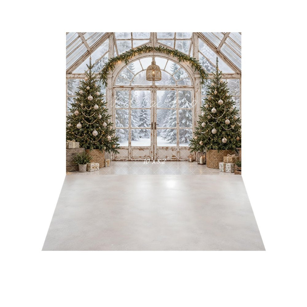 Kate Christmas Greenhouse Twin Trees Snowy Forest Printed Backdrop+Light Gray Glossy Floor Printed Backdrop