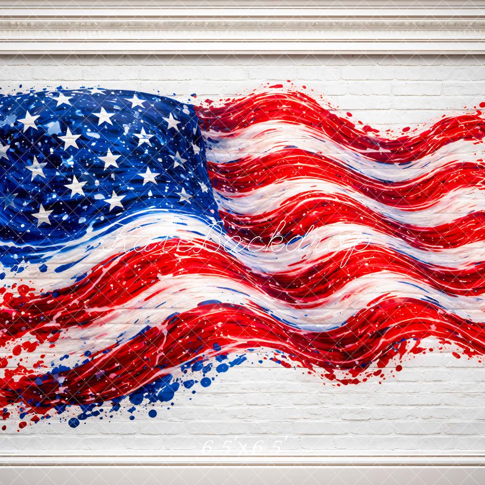 Kate Fourth Of July American Flag Paint Splash on White Brick Wall Printed Backdrop Designed by Mini MakeBelieve