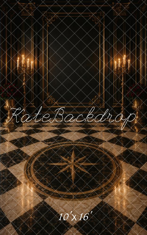 Kate Sweep Gothic Black Gold Ornate Wall Candlelight Checkered Printed Backdrop Designed by Vertigo Productions