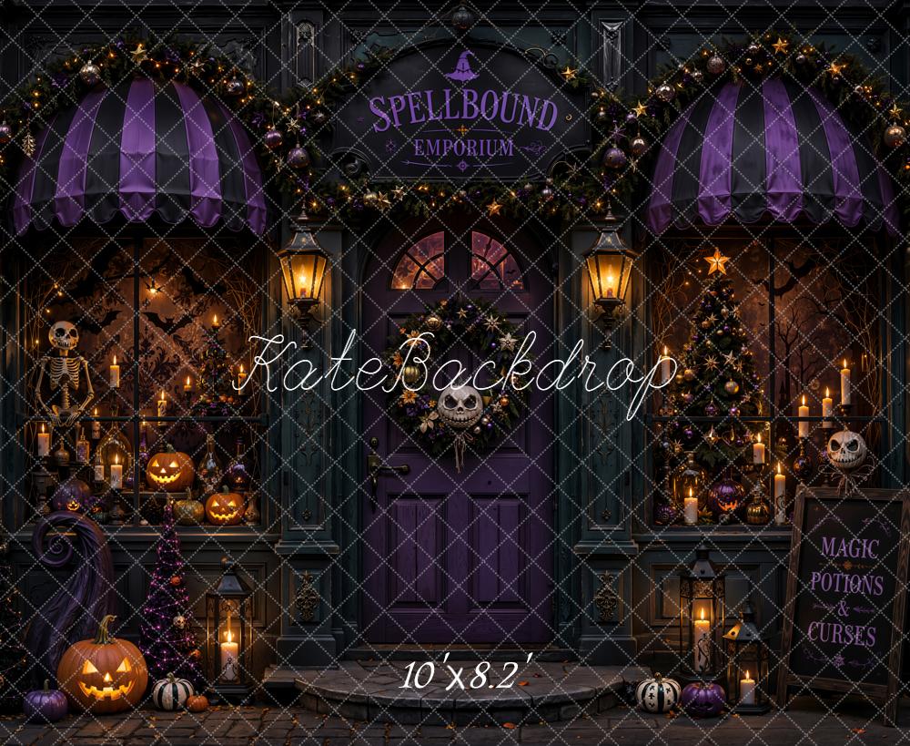 Kate Halloween Doorway Spellbound Emporium Purple Pumpkins Skeleton Candles Printed Backdrop Designed by Emetselch