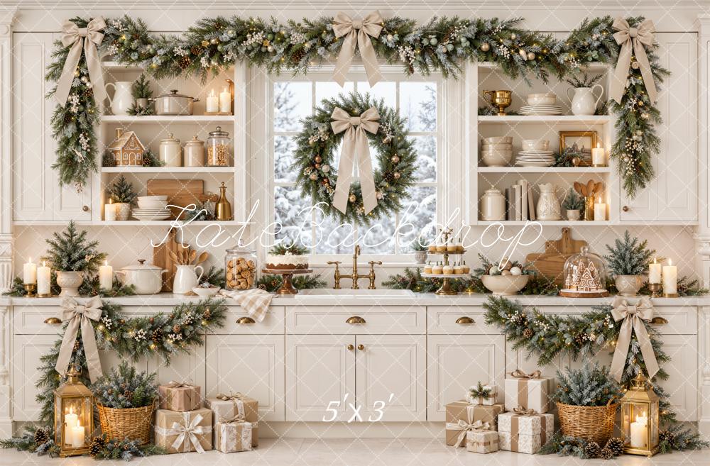 Kate Christmas Kitchen Cream Garland Bows Window Printed Backdrop Designed by Emetselch