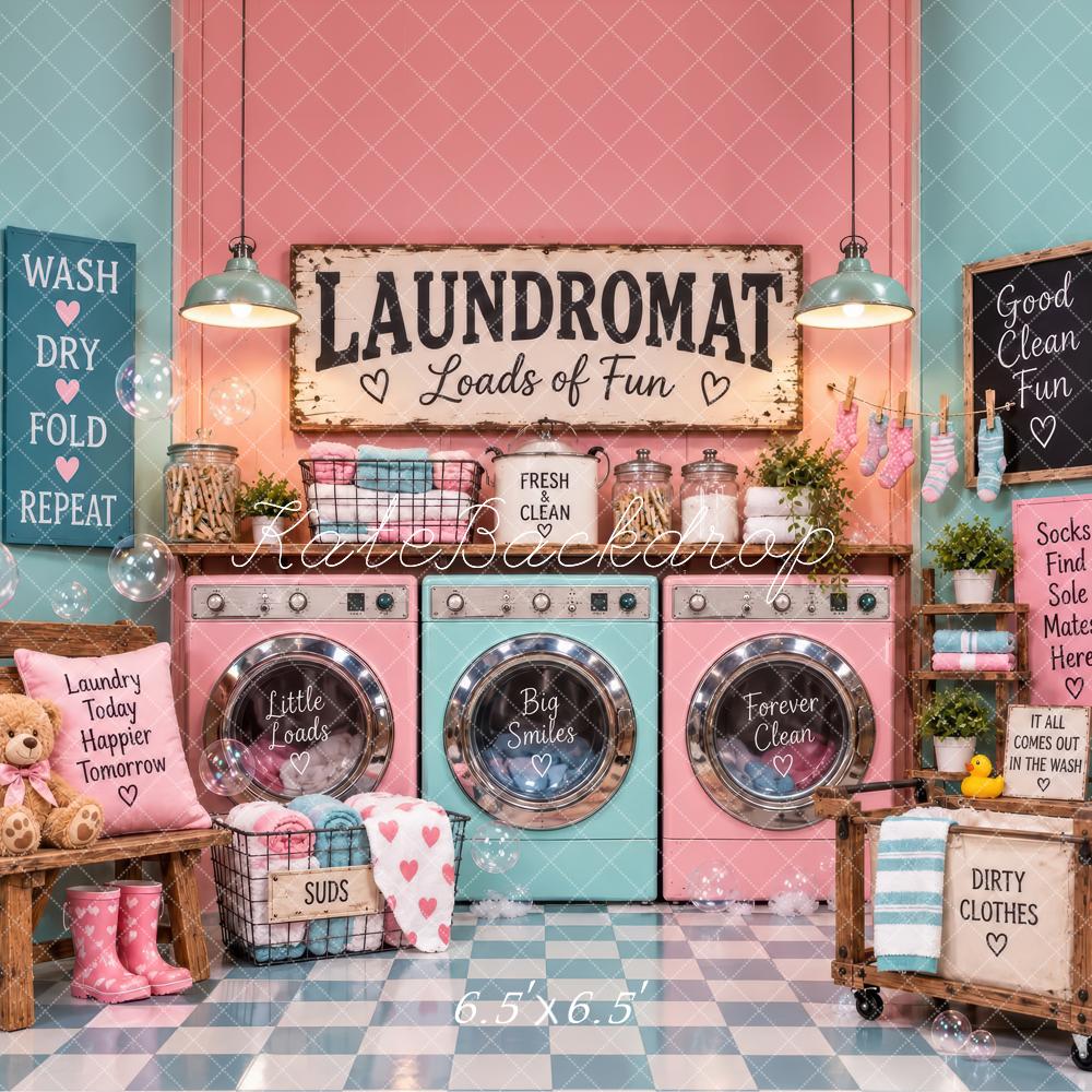 Kate Retro Pink Laundromat Washing Machines Printed Backdrop Designed by Laura Bybee