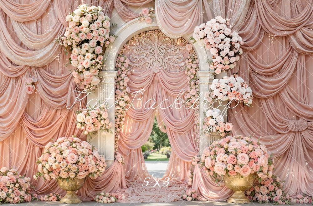 Kate Spring Pink Flower Arch Wedding Drapes Printed Backdrop Designed by Mini MakeBelieve