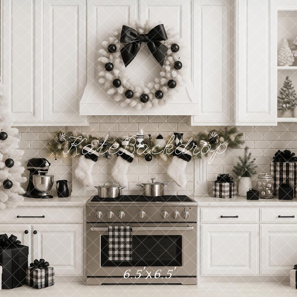 Kate Christmas Kitchen White Black Plaid Ornaments Trees Gifts Backdrop Designed by Ashley Paul