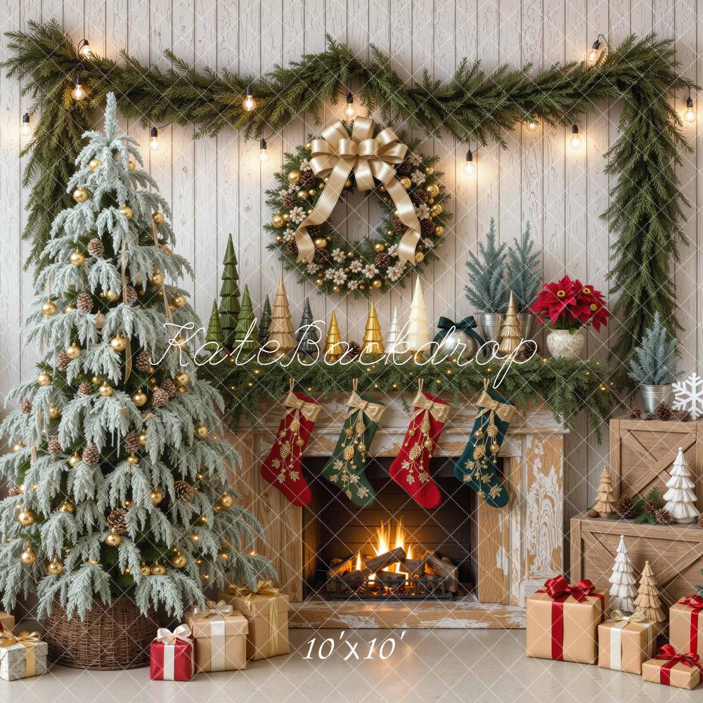 Kate Christmas Fireplace Snowy Tree Wreath Gifts Stockings Printed Backdrop Designed by Mini MakeBelieve