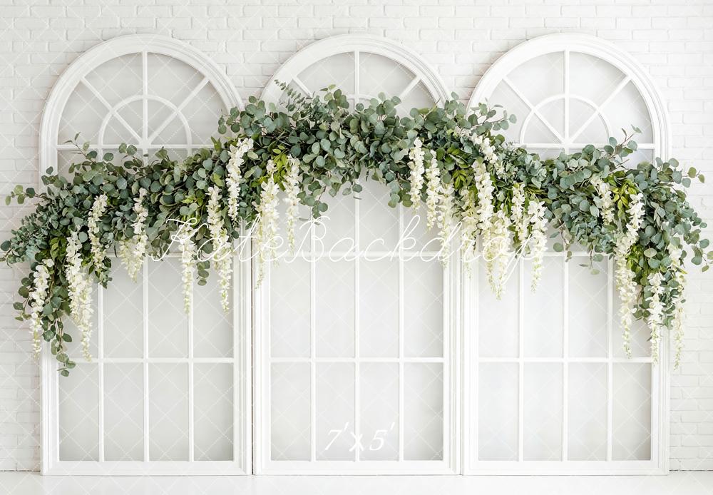 Kate Spring Flower Arch White Brick Windows Printed Backdrop Designed by Patty Roberts