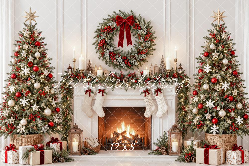 Kate Christmas Fireplace Trees Wreath Stockings White Printed Backdrop Designed by Emetselch