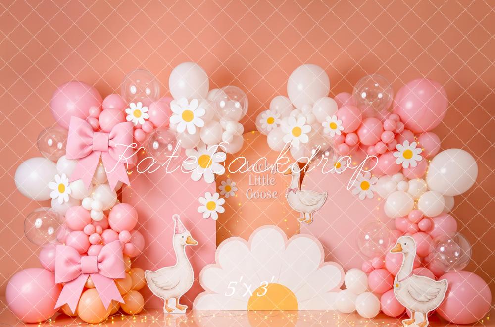Kate Cake Smash Pink Daisy Balloons Silly Goose Bows Printed Backdrop Designed by Patty Roberts