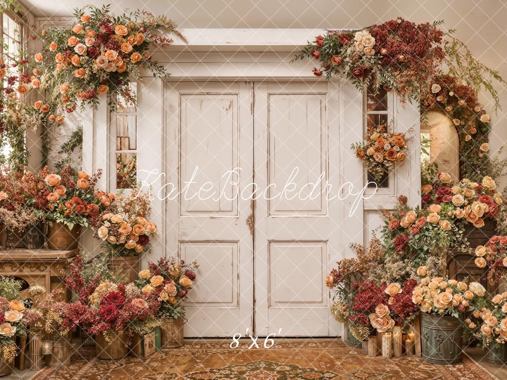 Kate Spring Flower Arch Vintage White Doors Peach and Red Roses Backdrop Designed by Emetselch