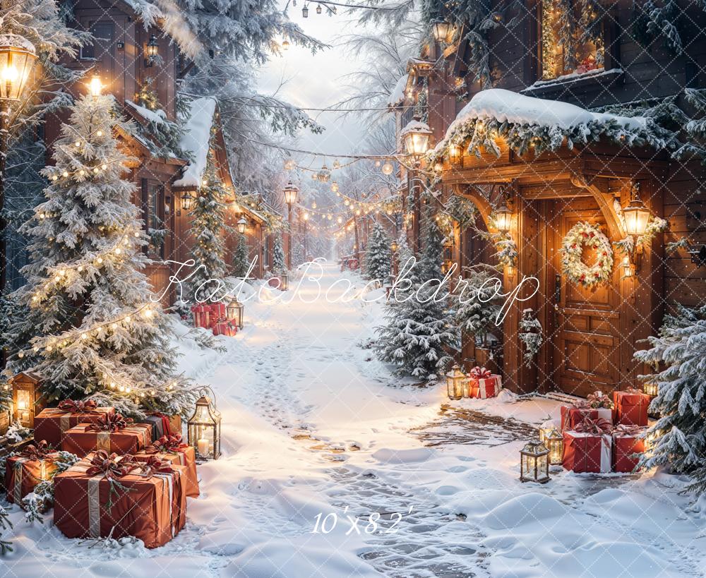 Kate Christmas Snowy Village Pine Trees Gifts Lanterns Backdrop Designed by Emetselch