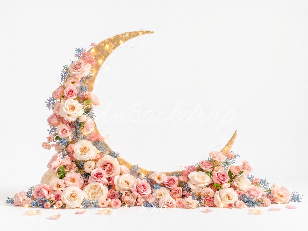Kate Birthday Floral Crescent Moon Lights Printed Backdrop Designed by Angela Miller