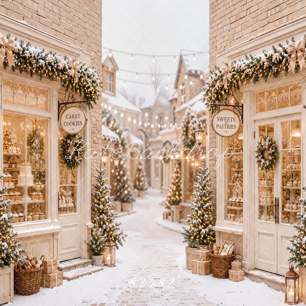 Kate Christmas Snowy Village Bakery Street Printed Backdrop Designed by Emetselch