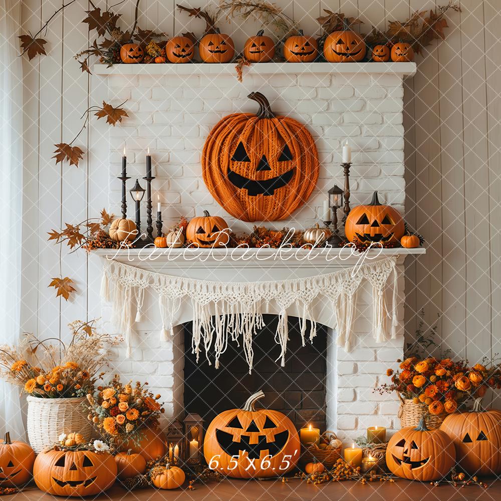 Halloween Pompoenen Openhaard Bloemen Witte Foto Achtergrond Designed by Emetselch