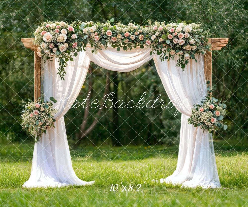 Kate Spring Floral Arch White Drapes Greenery Backdrop Designed by Chain Photography