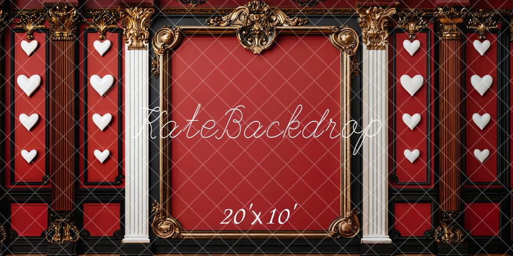 Kate Retro Red Baroque Hearts Columns Gold Frame Wall Backdrop Designed by Emetselch
