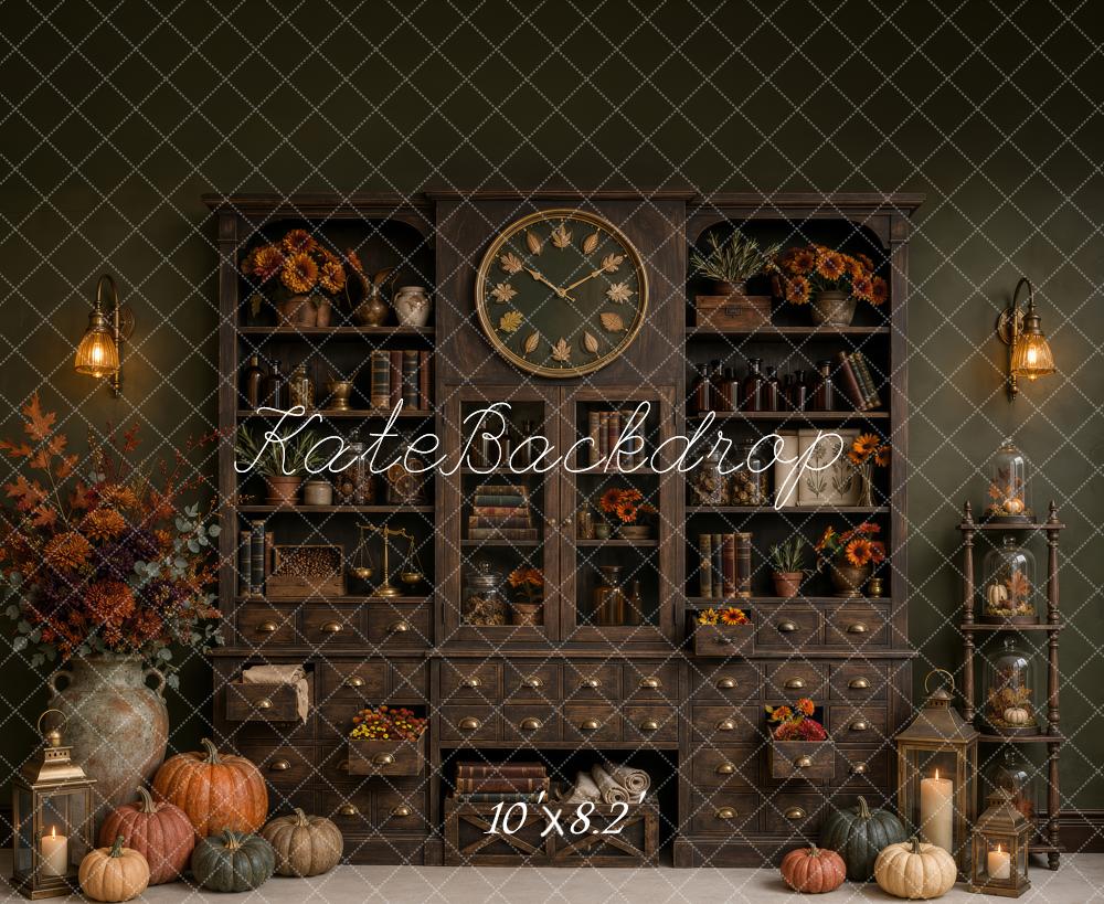 Kate Fall Vintage Apothecary Cabinet Clock Pumpkins Printed Backdrop Designed by Patty Roberts