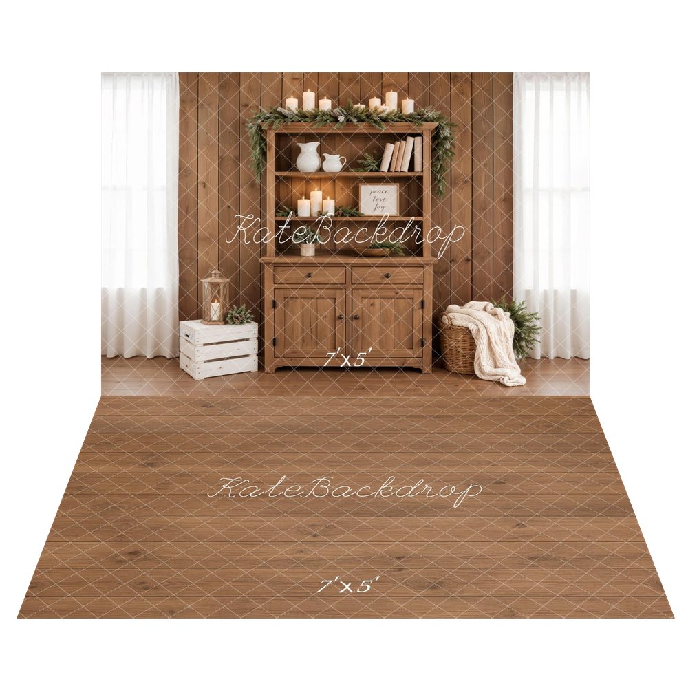 Kate Christmas Wooden Cabinet Candles Garland Lantern Crate Basket Printed Backdrop+Brown Wood Plank Floor Printed Backdrop