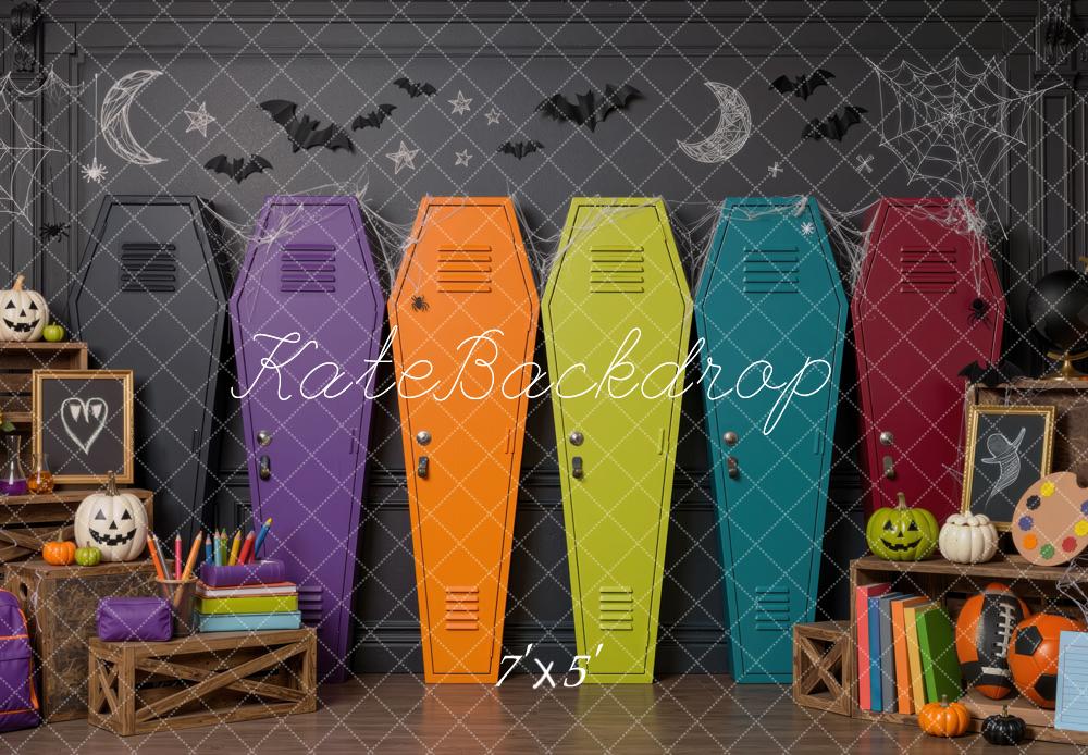 Kate Halloween Colorful Coffin Lockers School Pumpkins Printed Backdrop Designed by Mini MakeBelieve