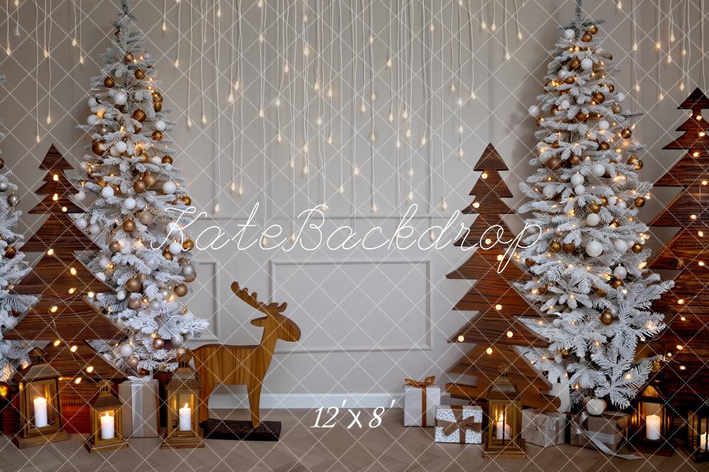 Kate Christmas Trees Wooden Reindeer Lanterns Printed Backdrop Designed by Fantasyphotoart