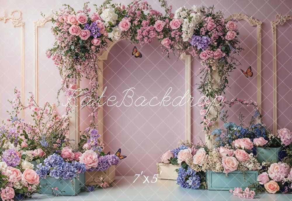 Kate Spring Wedding Floral Arch Pink Printed Backdrop Designed by Emetselch