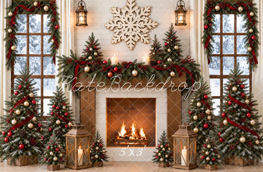 Kate Christmas Fireplace Christmas Trees Red Ribbon Garland Snowflake Printed Backdrop Designed by Emetselch