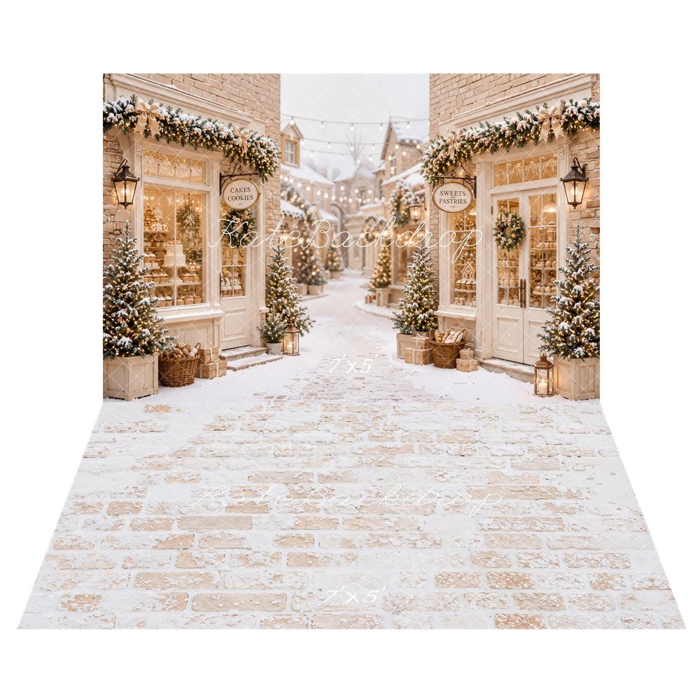 Kate Christmas Snowy Village Bakery Cobblestone Street Printed Backdrop+White Snow Vintage Brick Floor Printed Backdrop