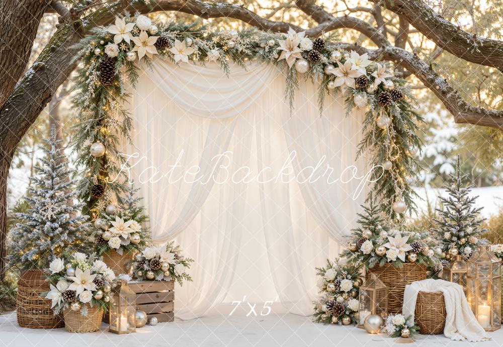 Kate Christmas White Drapes Floral Garland Lantern Arch Printed Backdrop Designed by Emetselch