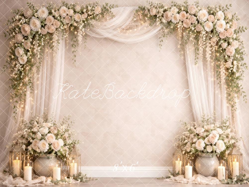 Kate Spring Flower Arch Cream Roses Lanterns Drapery Printed Backdrop Designed by Vertigo Productions
