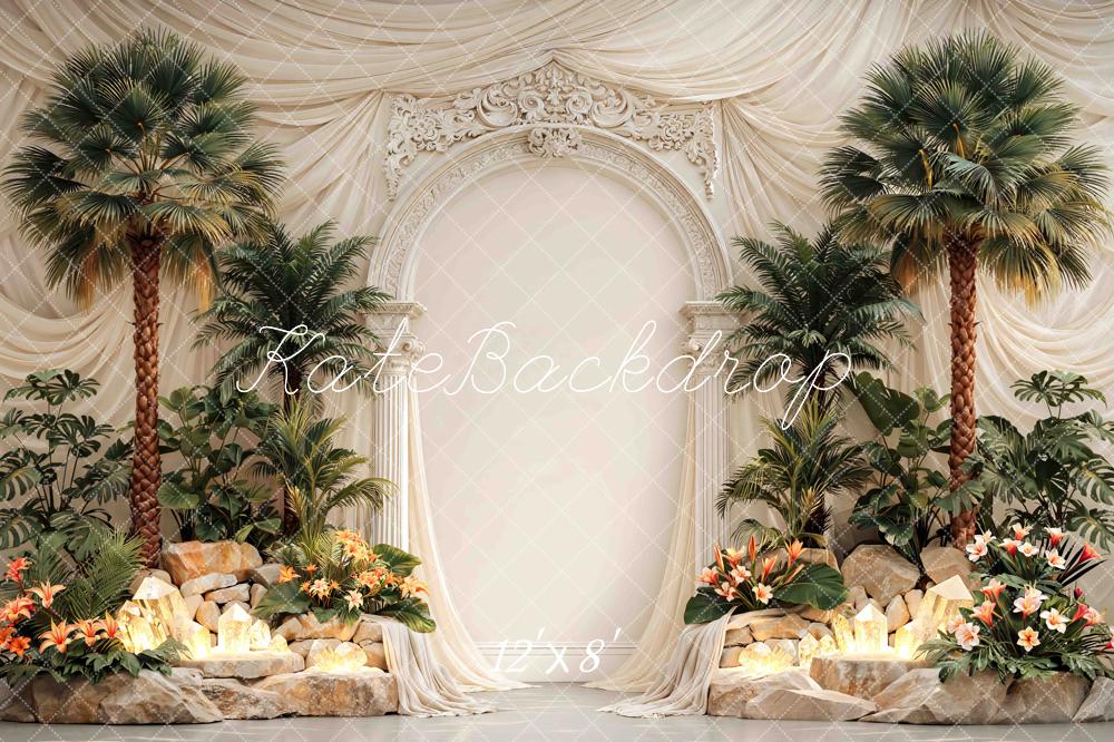 Kate Tropical Palm Trees Floral Rock Arch Printed Backdrop Designed by Mini MakeBelieve