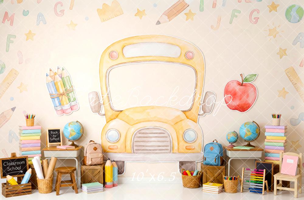 Kate Back to School Yellow School Bus Classroom Supplies Printed Backdrop Designed by Patty Roberts
