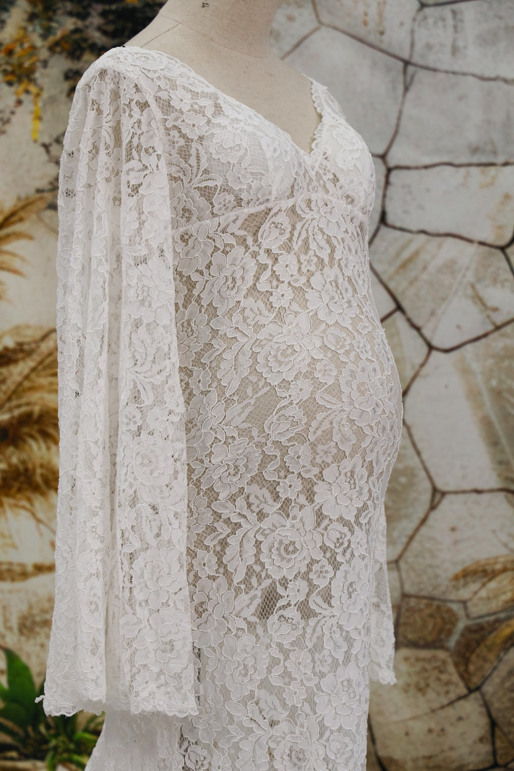 Witte Kant Slepend Zwangerschapsfotoshoot Jurk