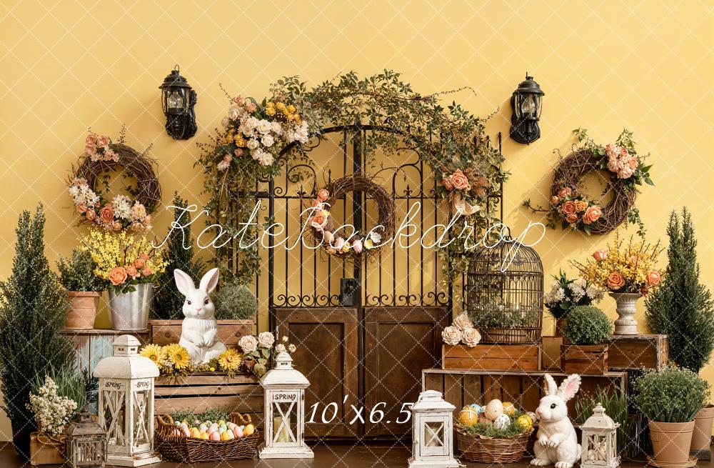 Kate Easter Bunny Floral Wreaths Garden Gate Yellow Wall Printed Backdrop Designed by Emetselch