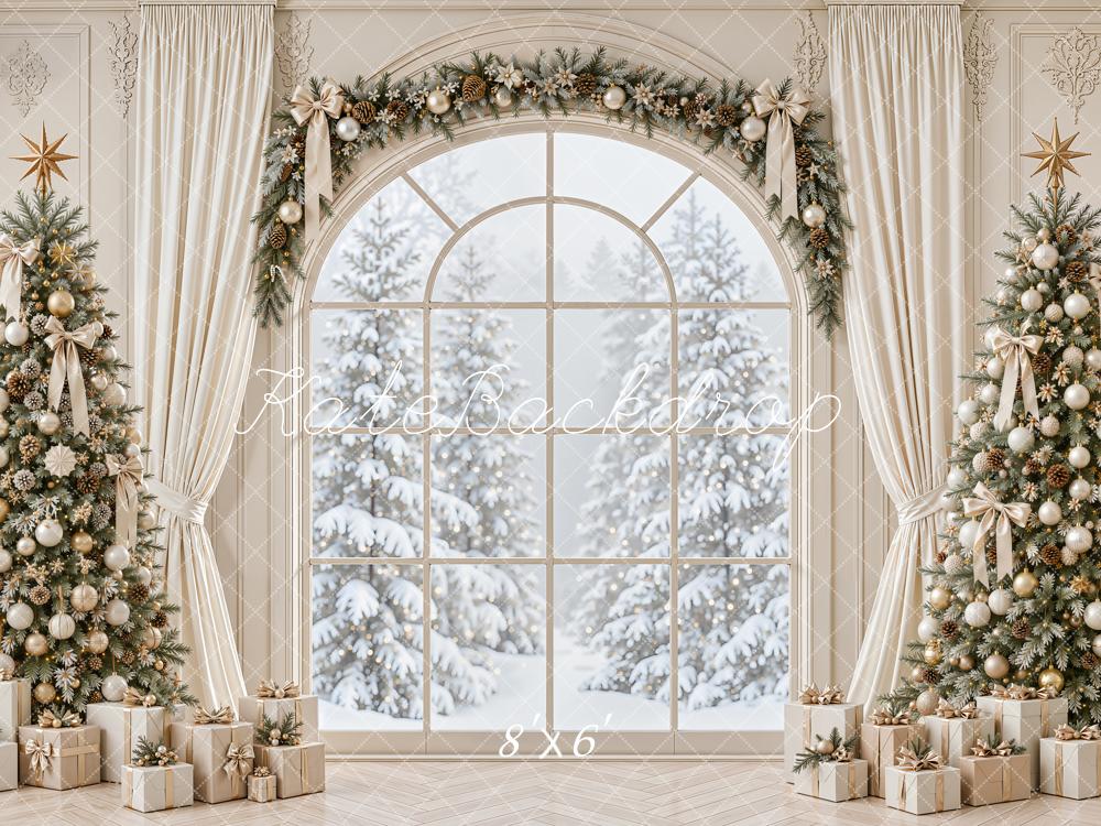 Kate Christmas Window Trees And Gifts Printed Backdrop Designed by Emetselch