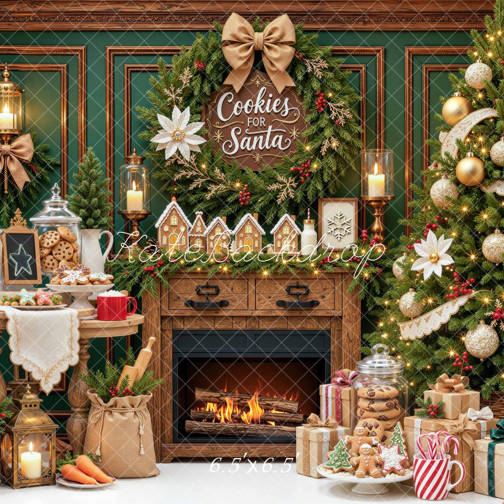 Kate Christmas Fireplace Cookies Tree Baking Green Printed Backdrop Designed by Mini MakeBelieve