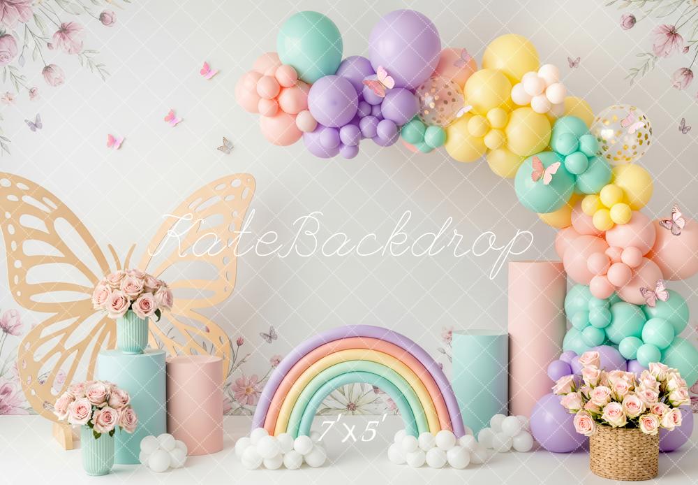 Kate Cake Smash Pastel Balloon Arch Butterfly Rainbow Flowers Printed Backdrop Designed by Patty Roberts
