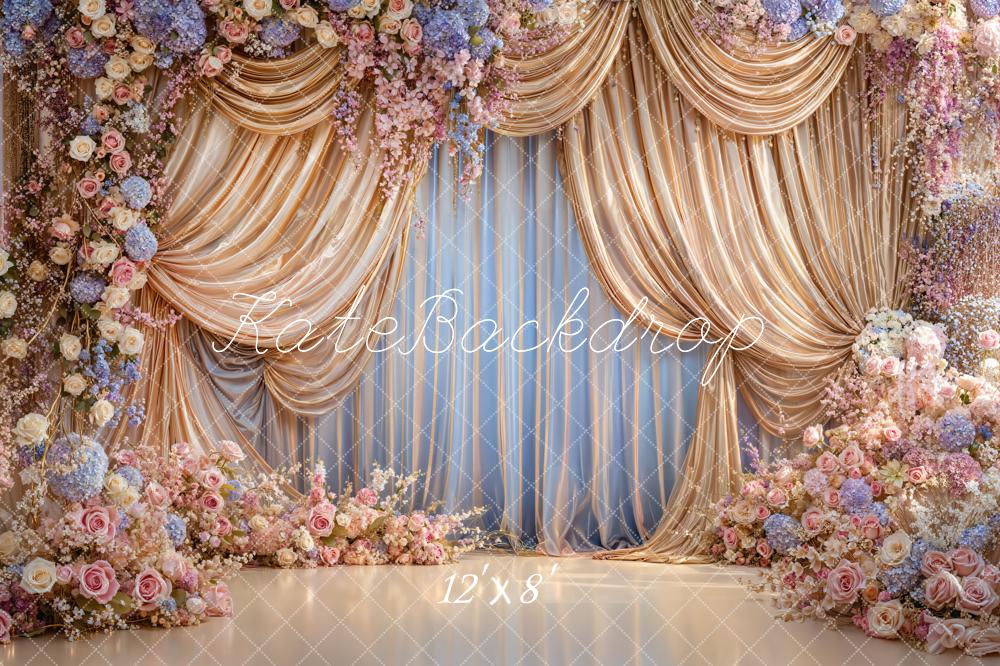 Kate Spring Flower Arch Gold Drapes Pastel Roses Backdrop Designed by Emetselch