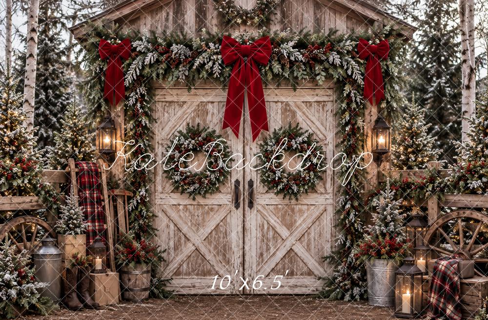 Kate Christmas Rustic Barn Door Snowy Garland Red Bows Printed Backdrop Designed by Ashley Paul