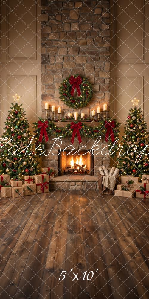 Kate Sweep Christmas Brick Fireplace Wreath Trees Gifts Printed Backdrop Designed by Happy Squirrel Design