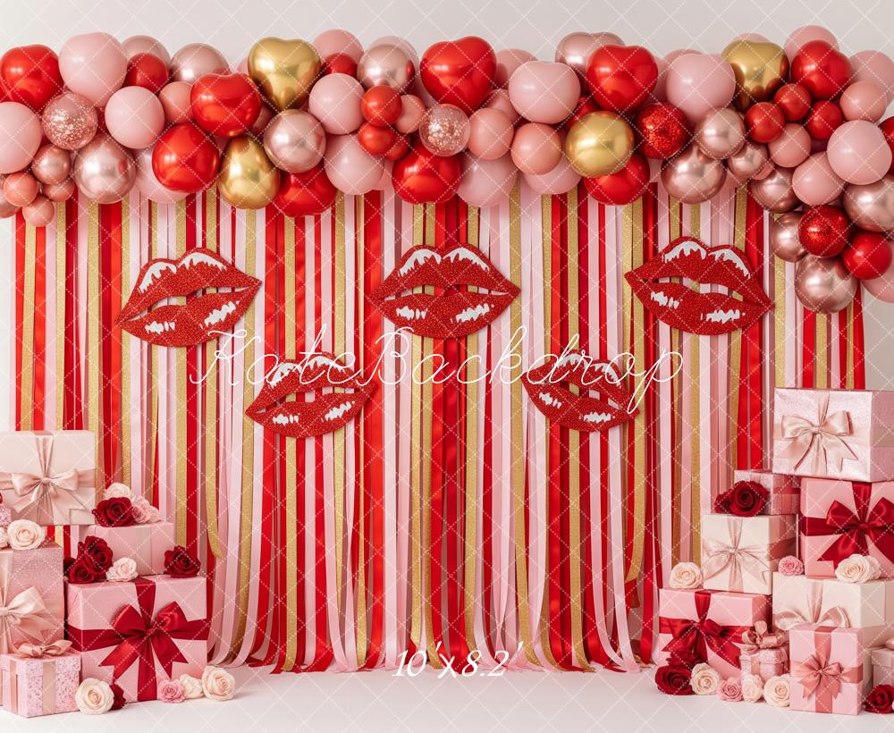 Kate Valentine's Day Red Lips Balloons Gift Boxes Striped Printed Backdrop Designed by Patty Roberts