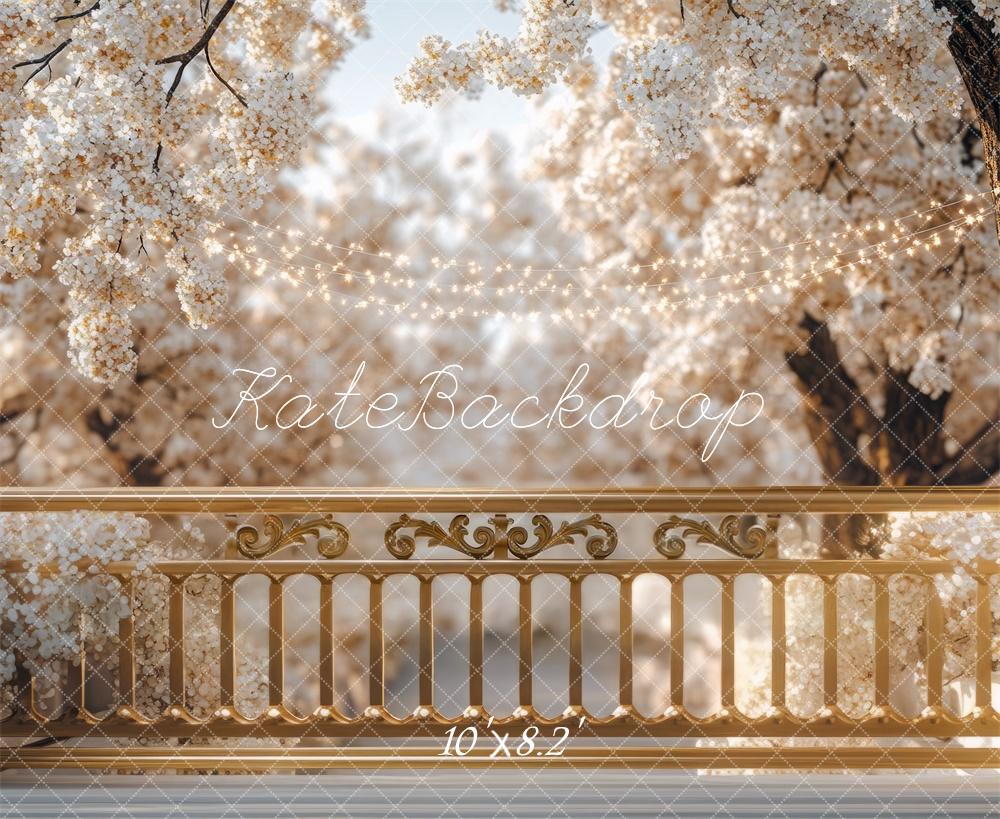Kate Spring Blossom Floral Golden Balcony Backdrop Designed by Mini MakeBelieve