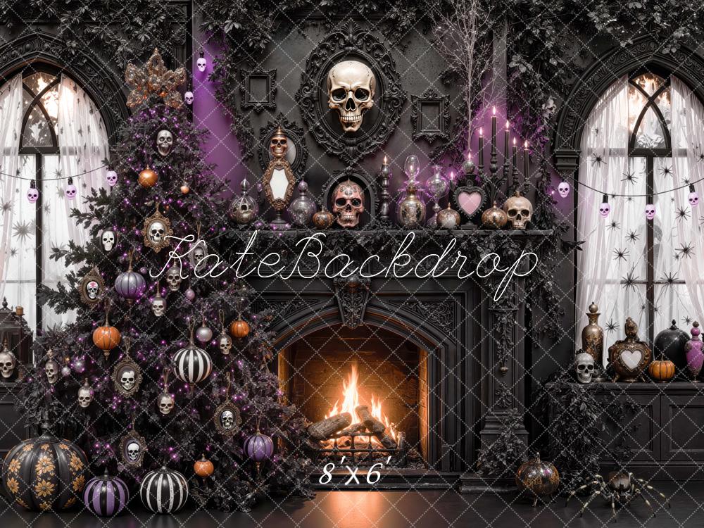 Kate Halloween Gothic Fireplace Skull Tree Black Printed Backdrop Designed by Mini MakeBelieve