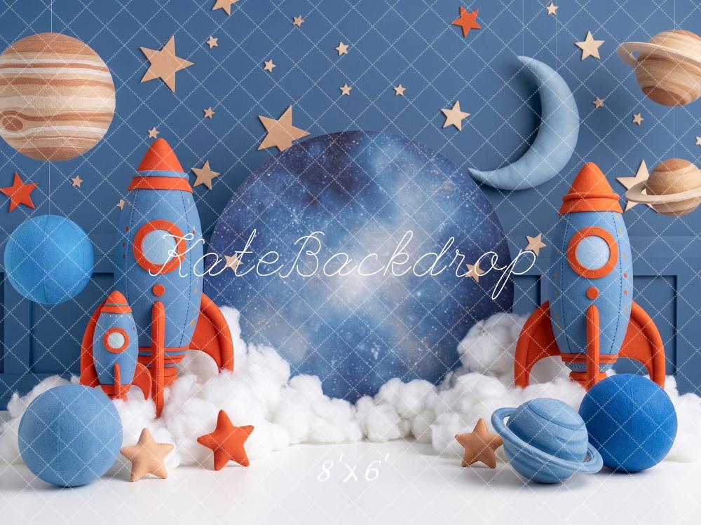 Kate Birthday Boys Space Rockets Planets Moon Printed Backdrop Designed by Angela Miller