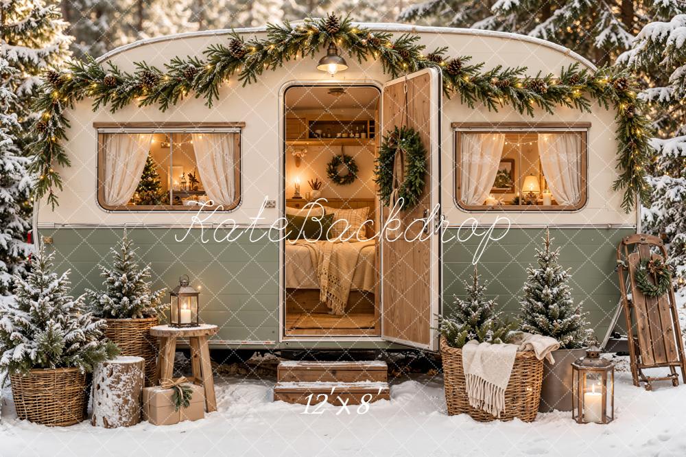 Kate Christmas Camper Rustic Snowy Trees Basket Forest Printed Backdrop Designed by Emetselch